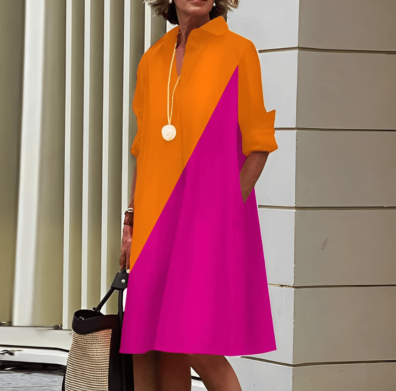 Modernes hemdblusenkleid mit umlegekragen & dreiviertelärmel