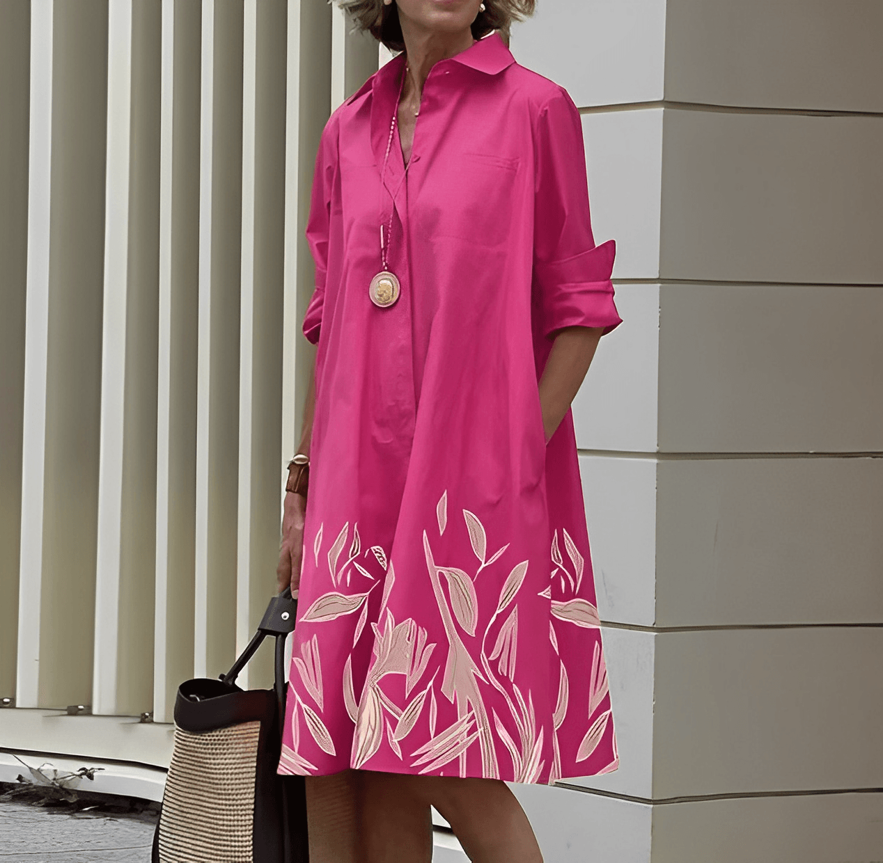 Modernes hemdblusenkleid mit umlegekragen & dreiviertelärmel
