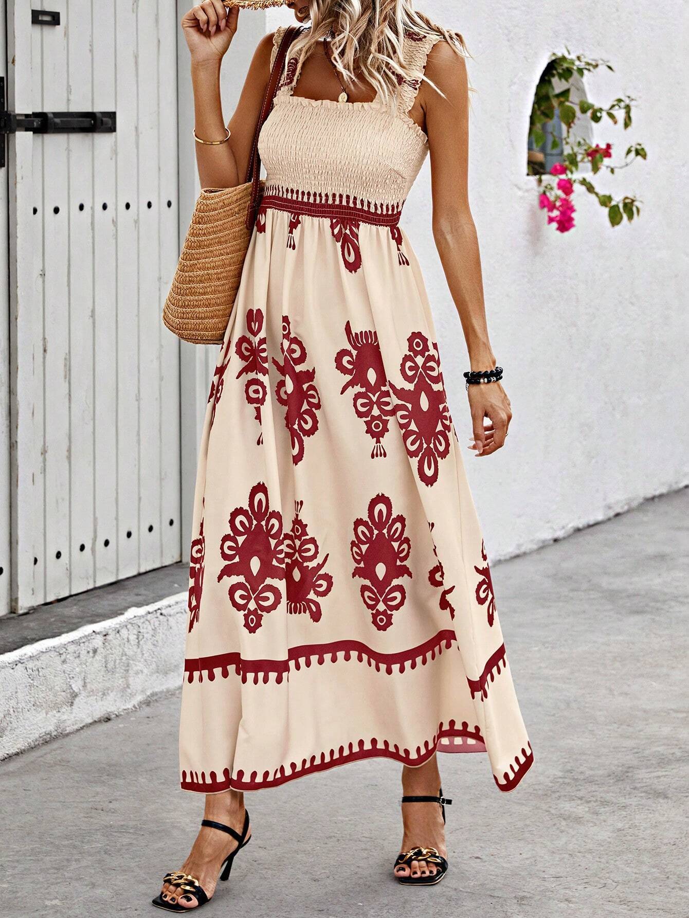 Langes Frauenkleid mit Bohème-Print, beige und schwarzer Strandträger - Zahara
