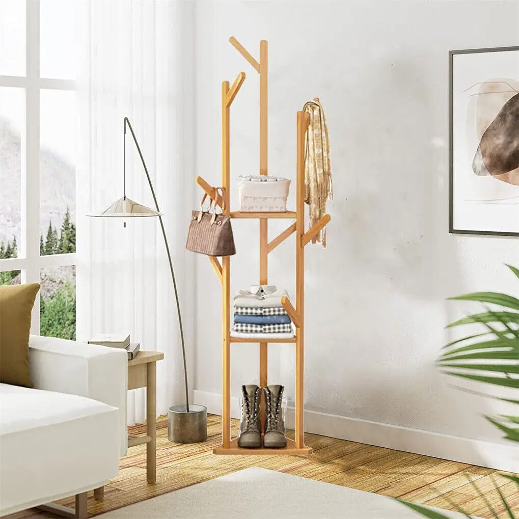 TranquilHome Stand Hanger - Bambus-Eckbaum mit Haken und Ablagen