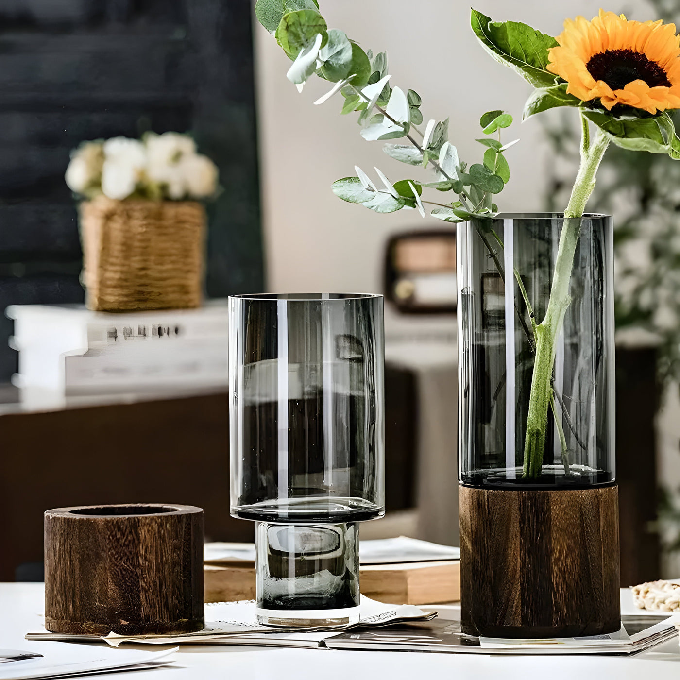 TranquilBloom Vase – Europäische Hydroponik Holz- und Glasvase