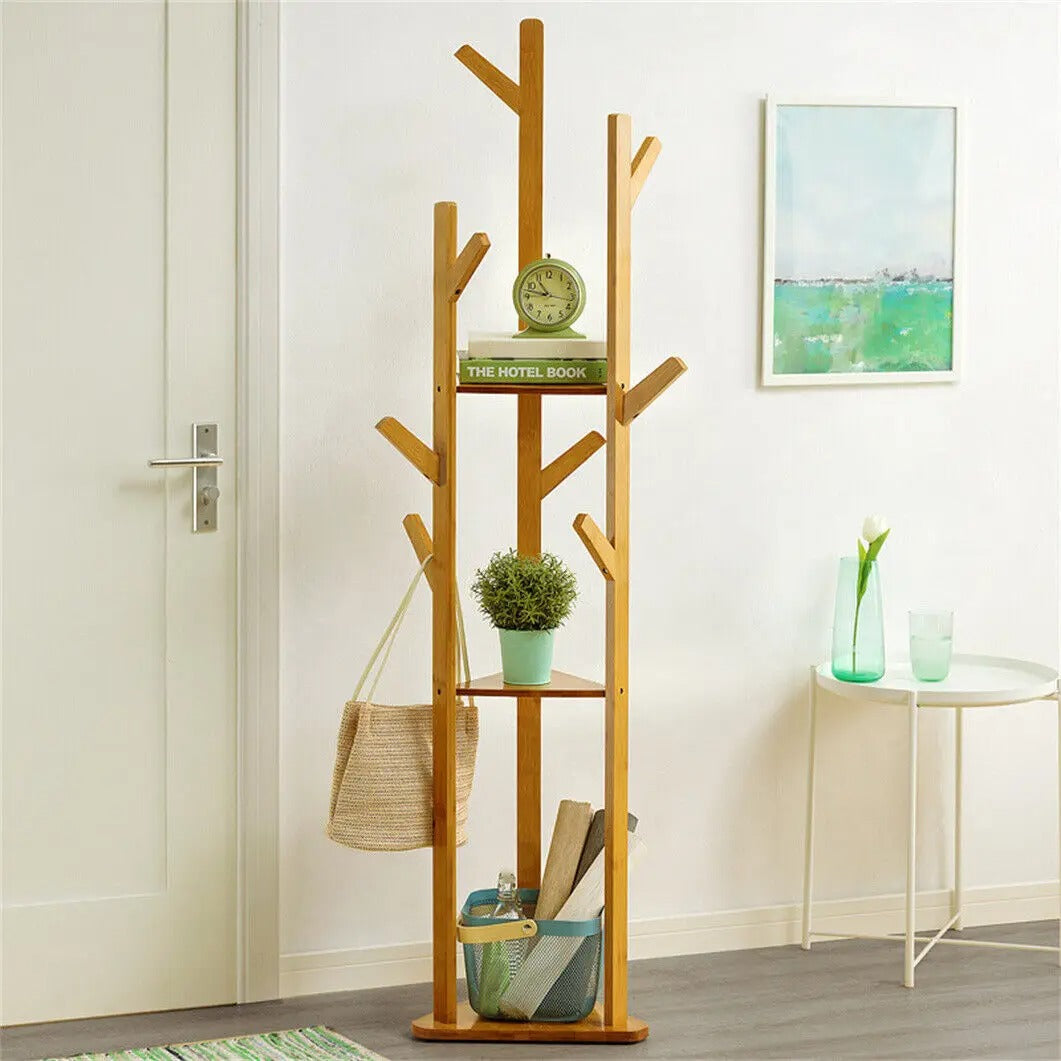 TranquilHome Stand Hanger - Bambus-Eckbaum mit Haken und Ablagen