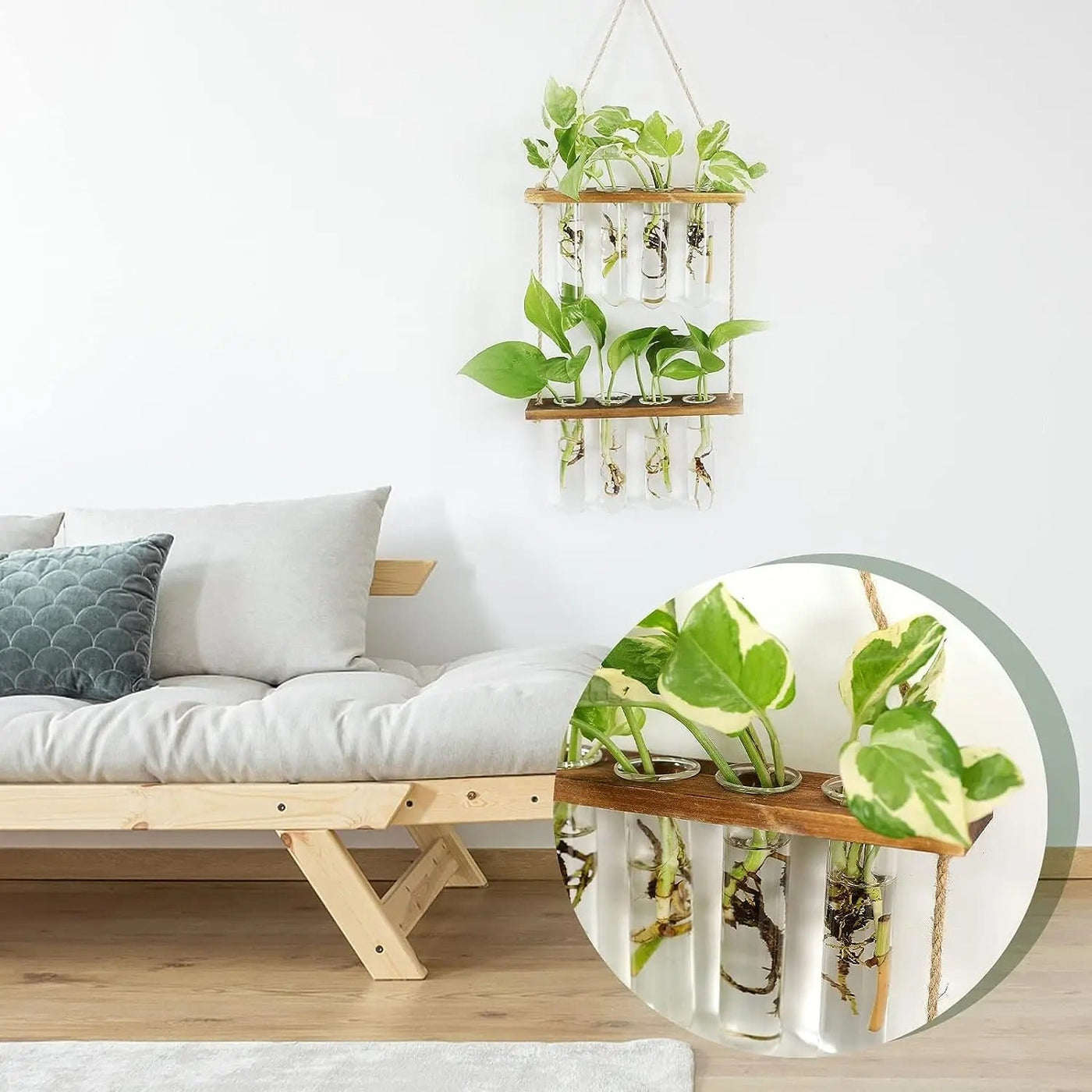 VerdantFlow Vase - 2 Etagen Hängende Reagenzglas-Pflanzgefäße aus Holz