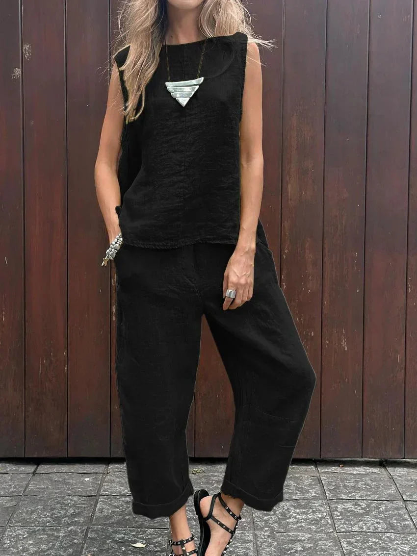 Maike | Ärmelloses Baumwoll-Leinen Hosen-Set