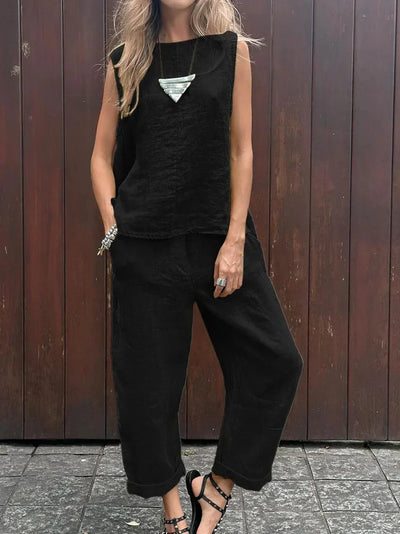 Maike | Ärmelloses Baumwoll-Leinen Hosen-Set
