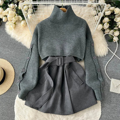 Zweiteiliger Anzug mit kurzem Strickrock und Weste, elegant und vielseitig, perfekt für einen modernen und femininen Look