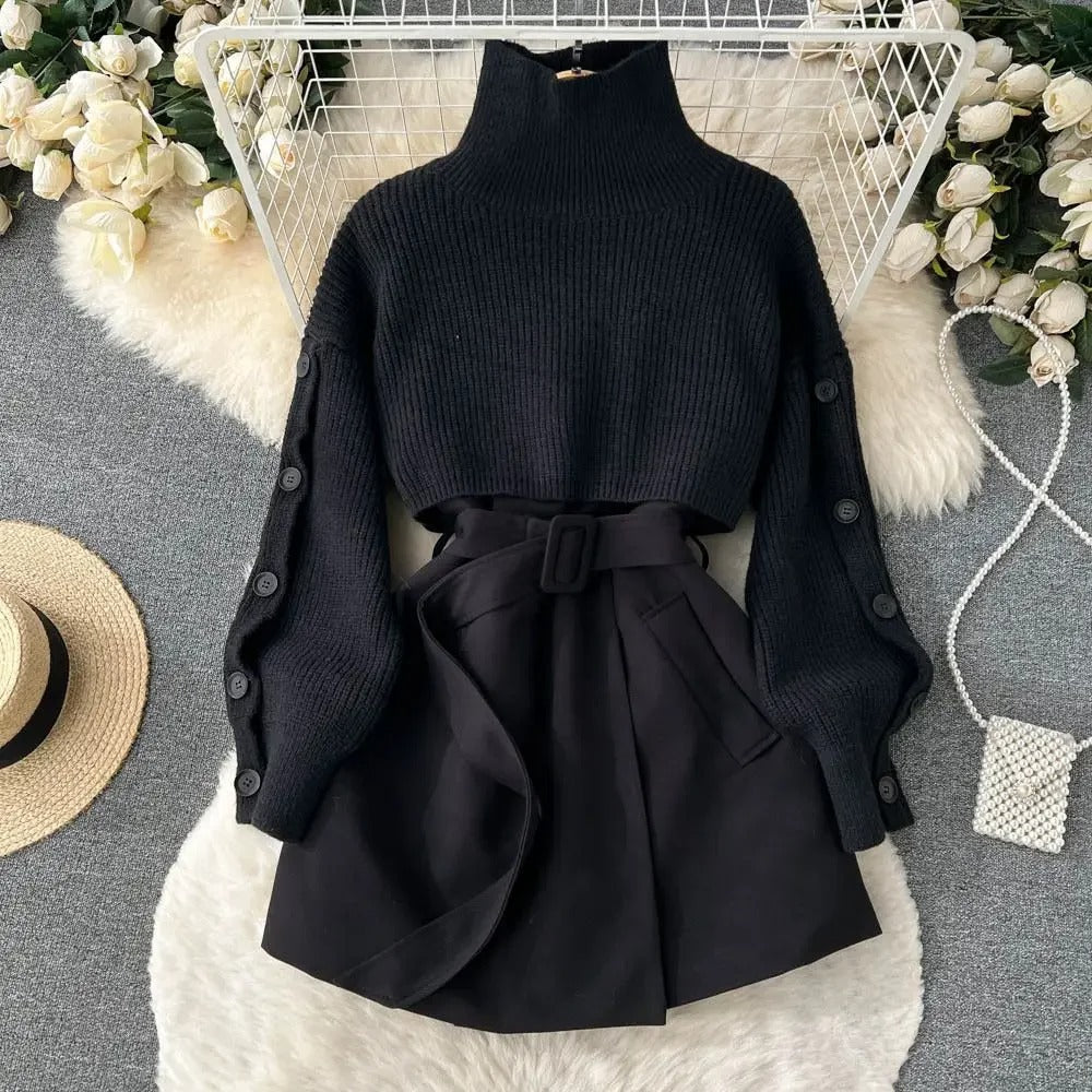 Zweiteiliger Anzug mit kurzem Strickrock und Weste, elegant und vielseitig, perfekt für einen modernen und femininen Look