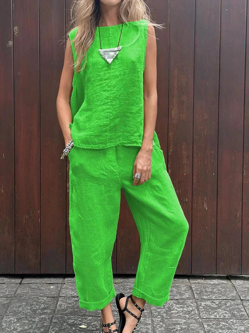Maike | Ärmelloses Baumwoll-Leinen Hosen-Set