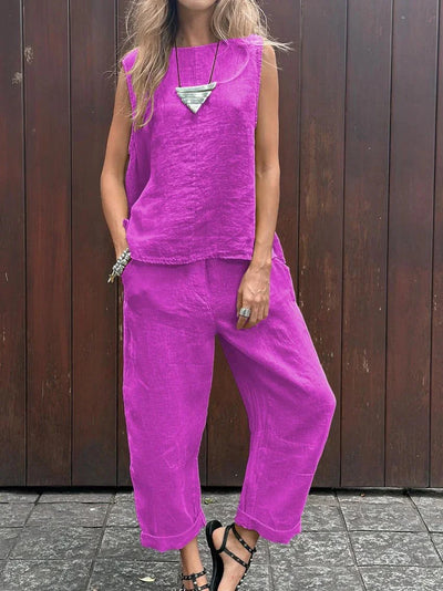 Maike | Ärmelloses Baumwoll-Leinen Hosen-Set