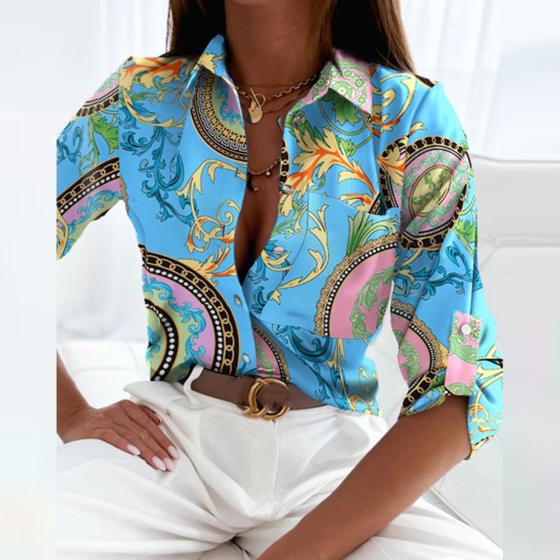 Tricia - Langärmelige Bluse mit klassischem Kragen und einzigartigem Druck